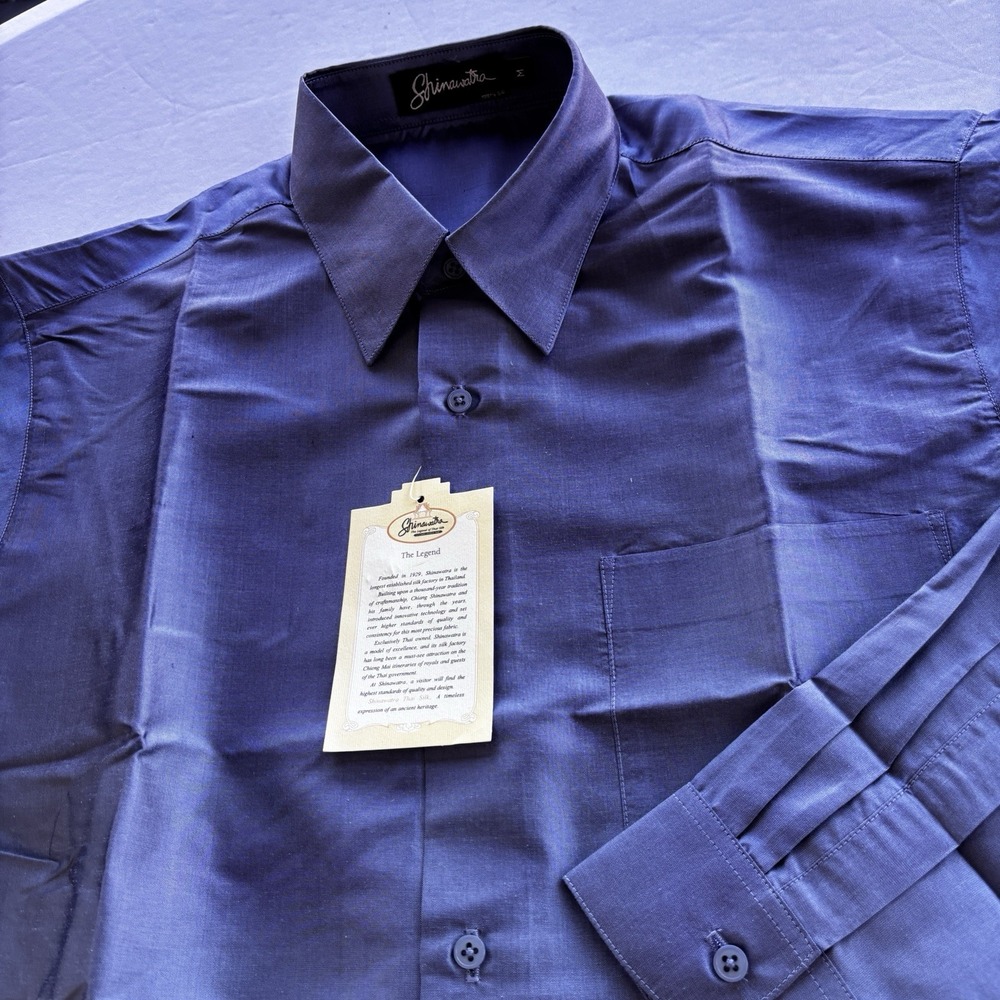 Shinawatra 100% Thai Silk Dress Shirt Mens Medium‎ NWT Blue Long Sleeve Formal